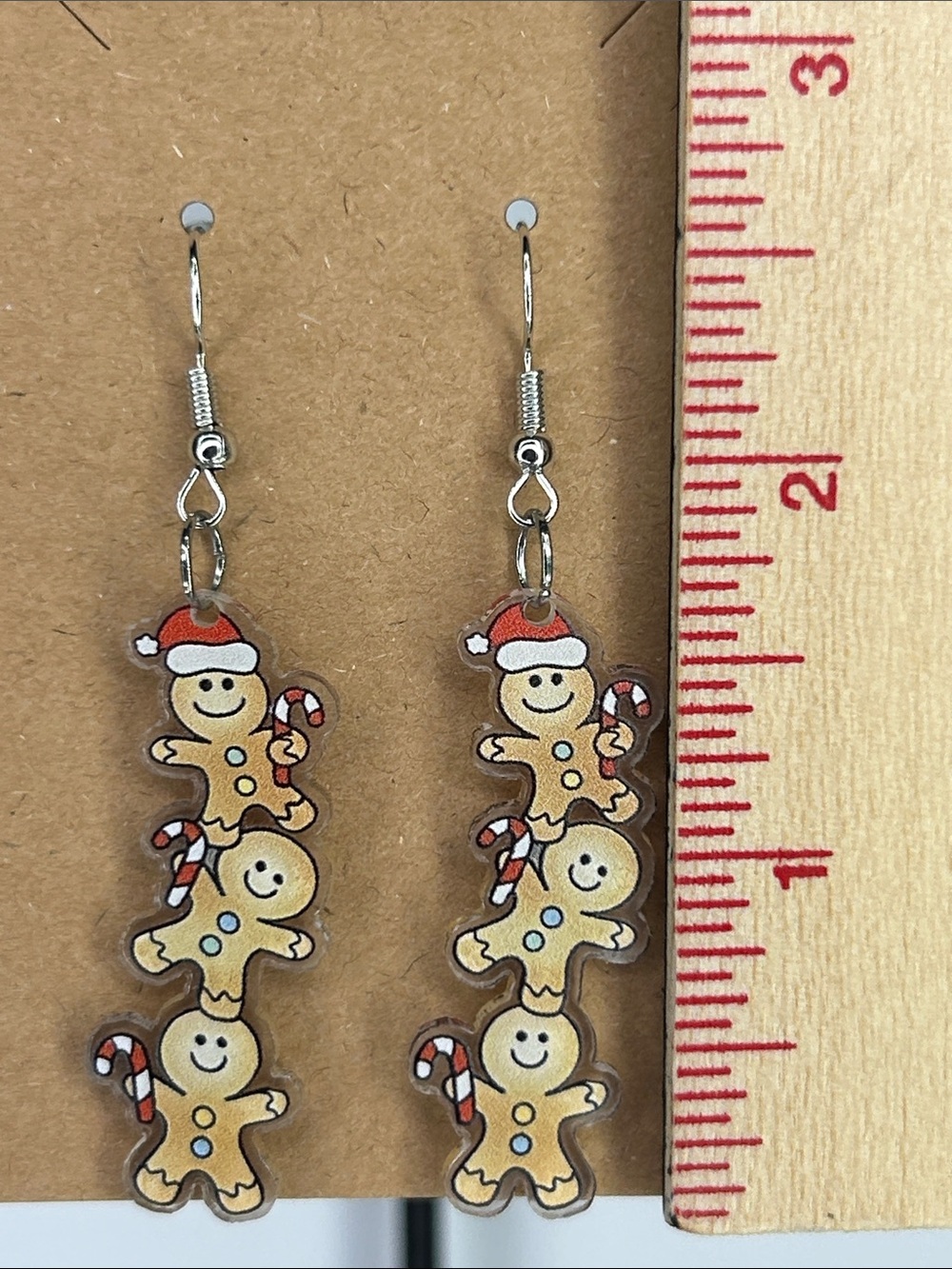 Holiday Gingerbread Stack Dangle Earrings Christmas Fashion Jewelry 2D Acrylic - Picture 2 of 4